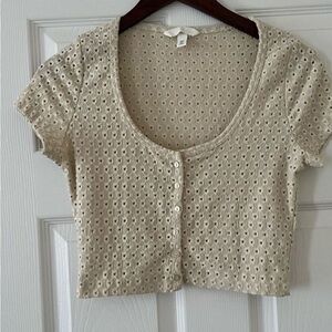 Cream Eyelet Button-Up Crop Top